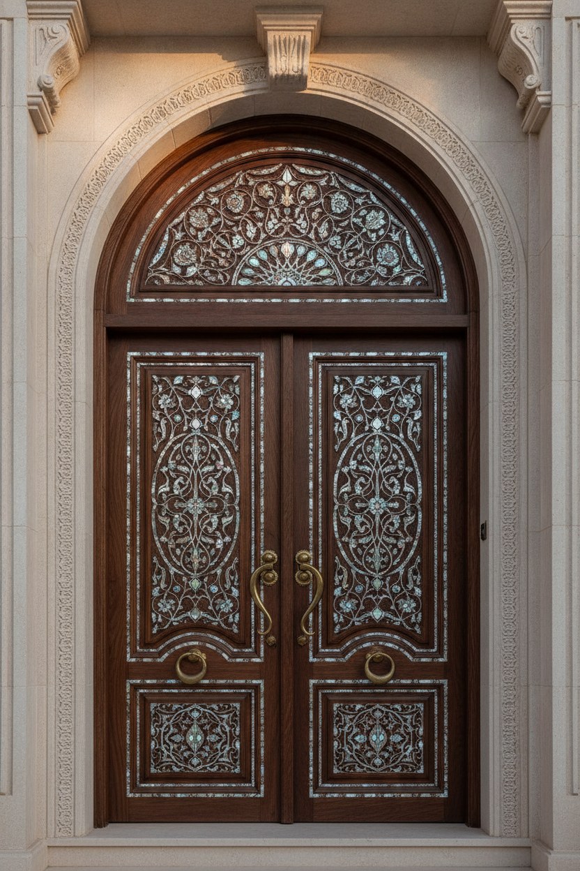 Tavana kadar yükselen, sedef kakmalı çift kanatlı gül ağacı villa giriş kapısı